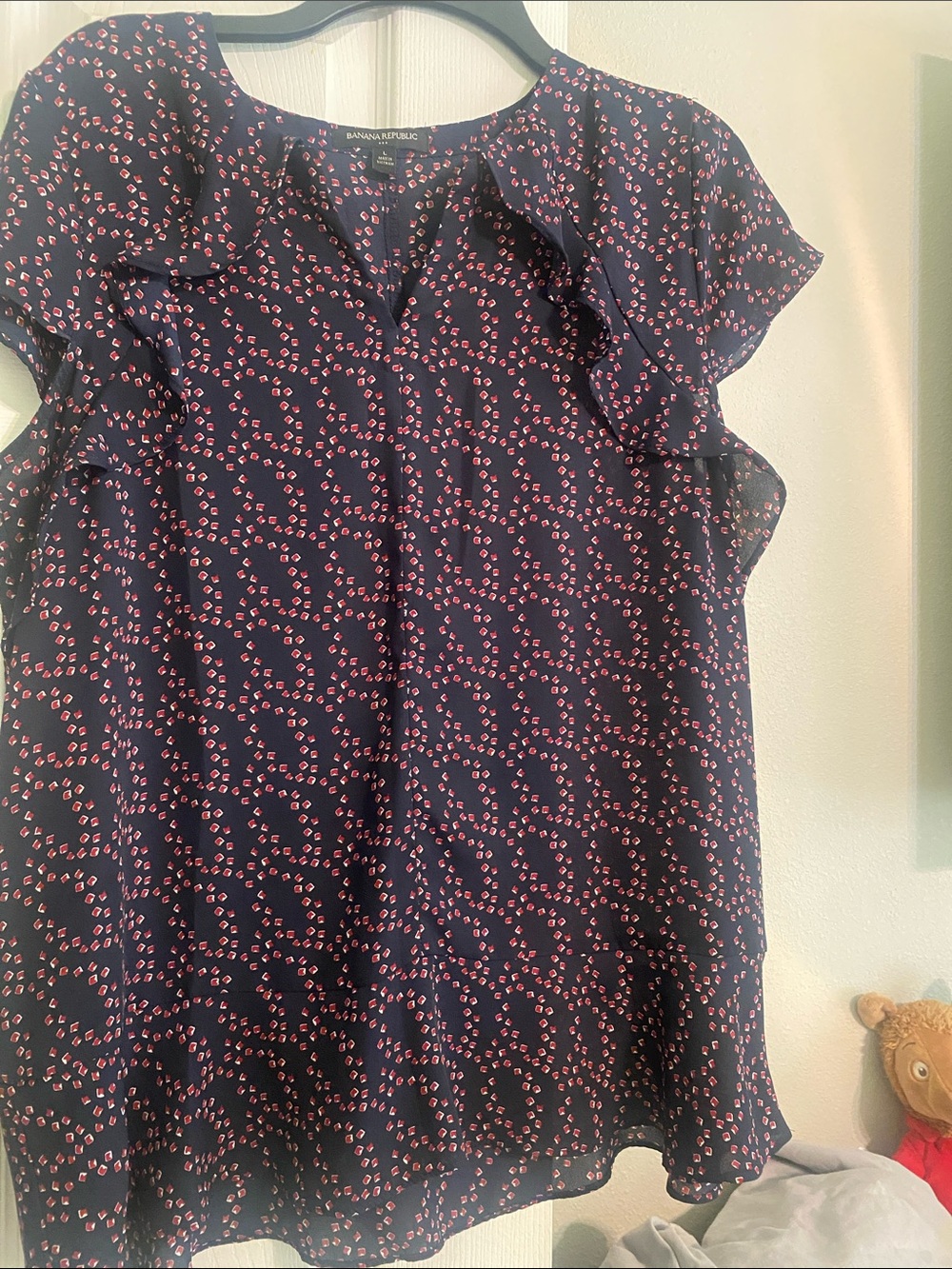 Banana Republic Navy Blouse with Pink Dot Pattern and Flutter Sleeves